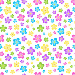 Funny seamless pattern with colorful flowers on white board. Positive summer mood. Endless design. Print for textile, clothes, gift wrap, cards, design and decor