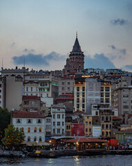View of old city over the Golden Horn with Galat Towe on top at night Istanbul, Turkey