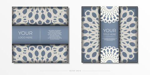 Luxurious blue color postcard design with Arabic ornament. Vector invitation card with vintage patterns.