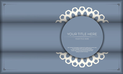 Invitation card design with vintage patterns. Blue banner with luxurious ornaments and place for your text.