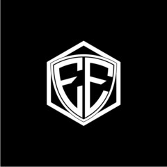 initial letter E E shield with hexagon frame