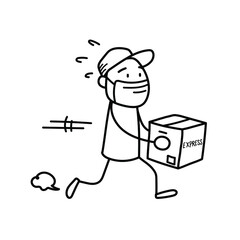 Express delivery shipping courier, hand drawn of a running stick figure of an expedition courier wearing a mask, delivering a box package in a hurry.