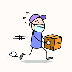 Express delivery courier, hand drawn of a running stick figure of an expedition courier wearing a mask, delivering a box package in a hurry, shipping courier concept.