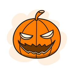 Halloween pumpkin doodle cartoon, hand drawn vector doodle of a scary and funny Halloween pumpkin with scary face.