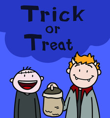 Trick or treat, hand drawn vector cartoon illustration of two kids in Halloween costumes asking for candies in Trick or Treat tradition every Halloween.