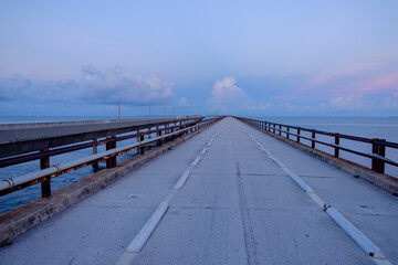 View of the old and closed seven mile bridge in the Florida Keys at dawn