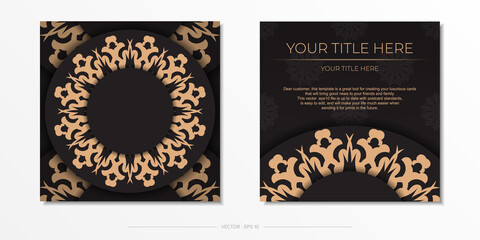 Presentable Ready-to-print postcard design in black with Arabic patterns. Invitation card template with vintage patterns.