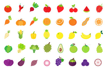 Fruits and vegetables flat icon set isolated on white background.Vector.Illustration.