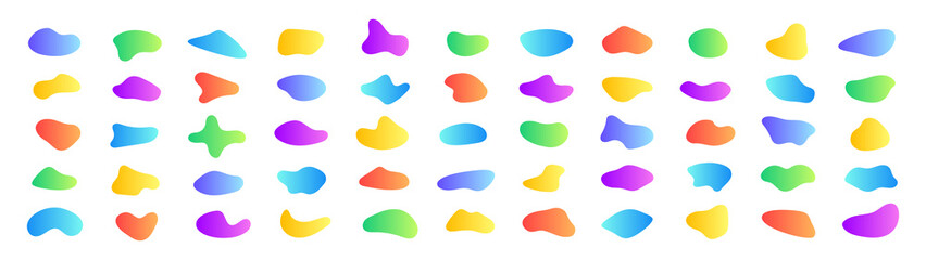Gradient blotch set of liquid elements. Pebble shapes in neon colors. Modern fluid gradient elements. Abstract backgrounds for club party invitation, web, advertisement. Vector illustration.