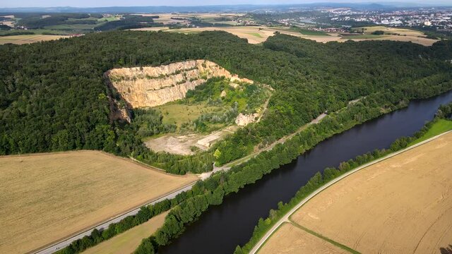 Abandoned lime stone quarry pit, Aerial Drone view in 4k, recultivation / renaturation