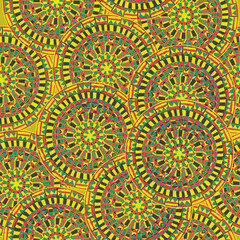 Obraz premium Seamless pattern of bright abstract mandalas, dense background of four-color mandalas