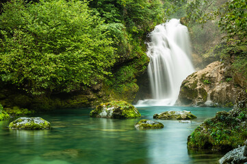Fototapeta na wymiar Great Waterfall at the Vintgar Gorge in Slovenia