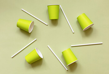 Eco friendly paper cups and drinking straws. Flat lay. Copy space for your text.