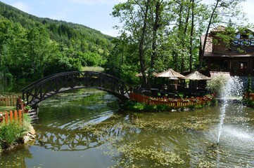 a small wooden bridge on the lake