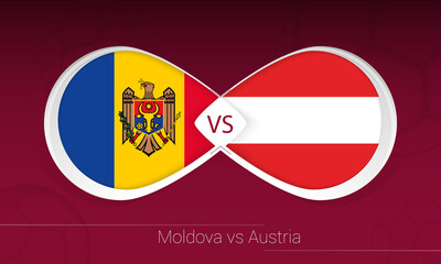 Moldova vs Austria in Football Competition, Group F. Versus icon on Football background.