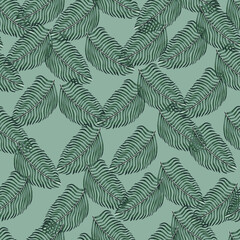 Botany seamless pattern with decorative fern leaf ornament. Blue pale background. Abstract doodle backdrop.