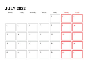 Wall planner for July 2022 in English language, week starts in Monday.