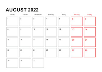 Wall planner for August 2022 in English language, week starts in Monday.