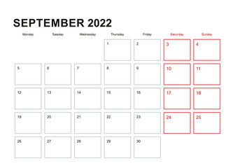 Wall planner for September 2022 in English language, week starts in Monday.