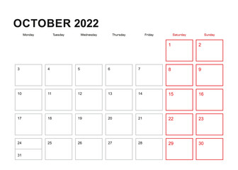 Wall planner for October 2022 in English language, week starts in Monday.