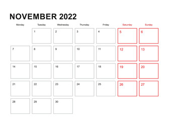 Wall planner for November 2022 in English language, week starts in Monday.
