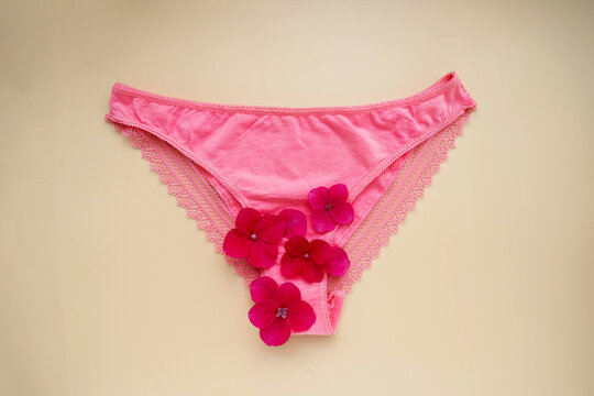 Woman's health concept. Pink panties with red flower. Abstract mentruation, period.