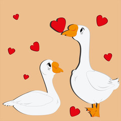 Cute cartoon goose and duck on a background of hearts. For poster, wallpaper and Valentine's Day. Collection of hearts. Love story