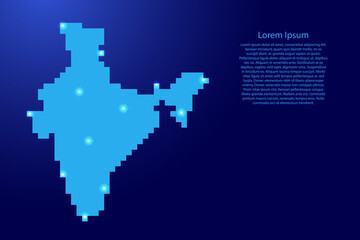 India map silhouette from blue square pixels and glowing stars. Vector illustration.