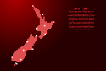 New Zealand map silhouette from red square pixels and glowing stars. Vector illustration.