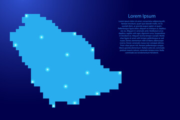 Saudi Arabia map silhouette from blue square pixels and glowing stars. Vector illustration.