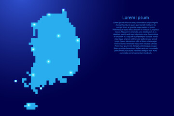 South Korea map silhouette from blue square pixels and glowing stars. Vector illustration.