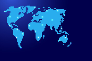 World map silhouette from blue square pixels and glowing stars. Vector illustration.