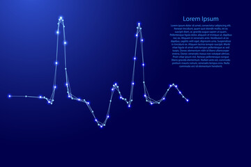 Cardiogram, wrong sinusoid from futuristic polygonal blue lines and glowing stars for banner, poster, greeting card. Vector illustration.