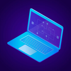 Vector isolated illustration of isometric laptop. Diagram or graph on a computer monitor screen.