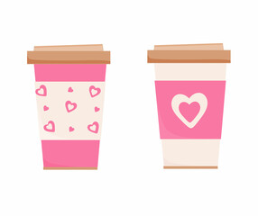 Cups of coffee or tea with hearts decoration for Valentines day.