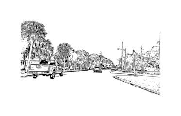 Building view with landmark of Jupiter is the  town in Florida. Hand drawn sketch illustration in vector. © dhanu3182