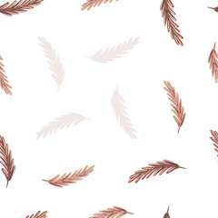 Isolated feather seamless pattern in doodle simple style. White background. Decorative print.