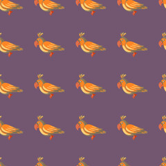 Orange parrots silhouettes seamless doodle pattern. Purple pastel background. Zoo exotic backdrop.