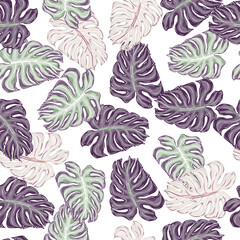Isolated seamless pattern with purple and pink outline random monstera shapes. White background.