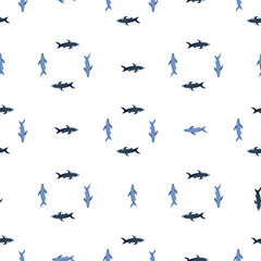 Isolated seamless pattern in geometric style with blue simple shark shapes. White background.