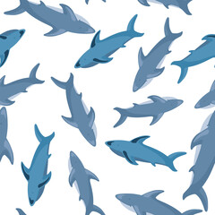 Random seamless pattern with blue shark silhouettes print. White background. Nature wildlife print.