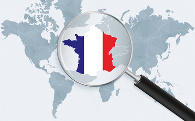 World map with a magnifying glass pointing at France. Map of France with the flag in the loop.