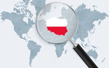 World map with a magnifying glass pointing at Poland. Map of Poland with the flag in the loop.