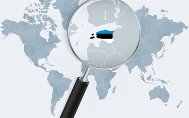 World map with a magnifying glass pointing at Estonia. Map of Estonia with the flag in the loop.