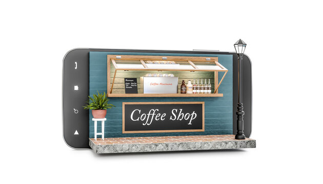 3D render, Isolated coffee shop in smartphone on white background, Store on mobile and order online concept, 3D illustration.