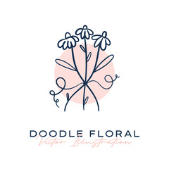 Doodle Flowers Icon. Hand Drawn Illustration. Abstract floral, botanical decor.