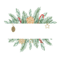 Watercolor christmas illustration card with fir branches border, decor, candy cane. Isolated on white background. Hand drawn clipart. Perfect for card, postcard, tags, invitation, printing, wrapping.