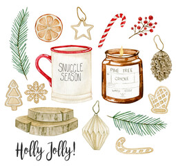 Watercolor illustration set with christmas decor, cup, candle, fir, cookies. Isolated on white background. Hand drawn clipart. Perfect for card, postcard, tags, invitation, printing, wrapping.