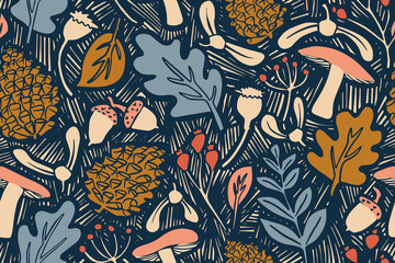 Autumn botanicals linocut seamless pattern - floral design for fabric, wrapping, textile, wallpaper, background.
