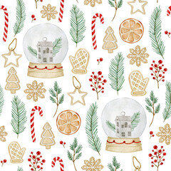 Watercolor christmas seamless pattern with show globe, fir, cookies, candy. Isolated on white background. Hand drawn clipart. Perfect for card, fabric, tags, invitation, printing, wrapping.